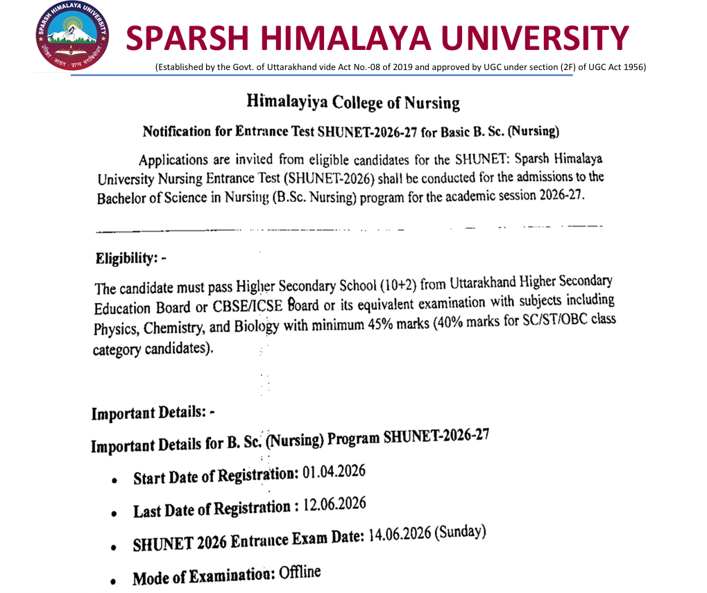 Notification for Entrance Test SHUNET (2026-27) for Basic B.Sc. Nursing
